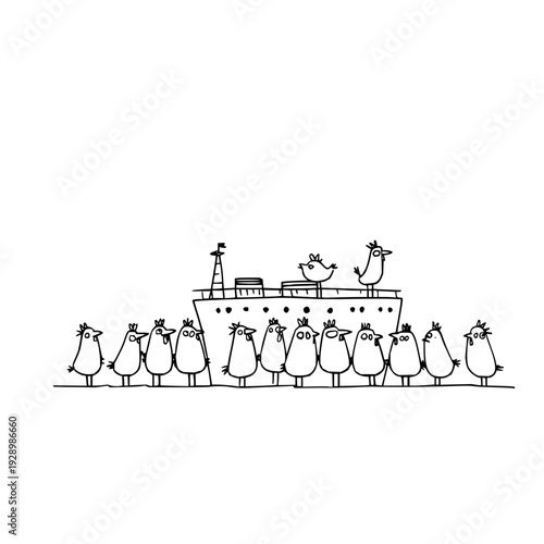 Cartoon birds gathered around a large ship with two birds on deck simple black and white illustration minimalist style humorous scene no background