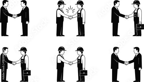 Professional Business Handshake Set between Corporate Executives and Construction Workers Illustrating Successful Partnership, Labor Agreement, Engineering Contract, and Teamwork Collaboration