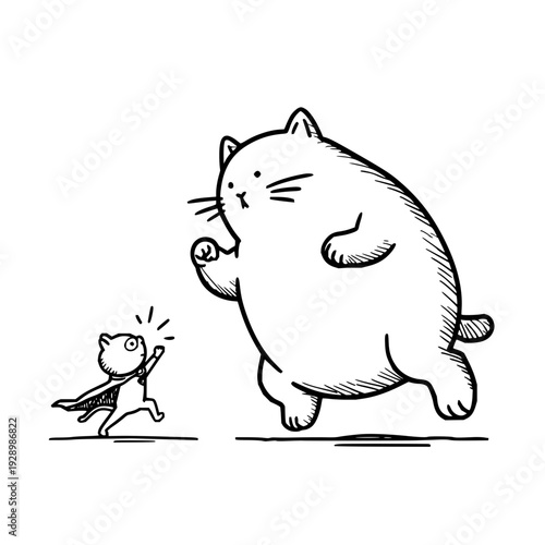 Black and white illustration of small cat superhero fighting large cat dynamic pose bold lines simple background humorous scene cartoon style feline characters playful artwork