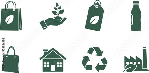 Set of ecofriendly icons representing sustainability shopping recycling and green living concepts isolated on transparent background