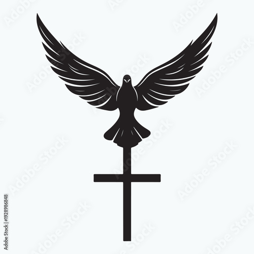 Black dove flying over cross symbolizing faith hope and resurrection on white background silhouette vector