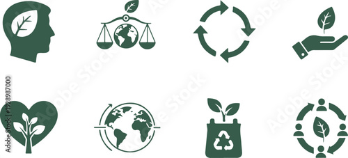 Set of eight eco friendly sustainability icons featuring human head leaf brain recycling global balance hand heart plant symbols isolated