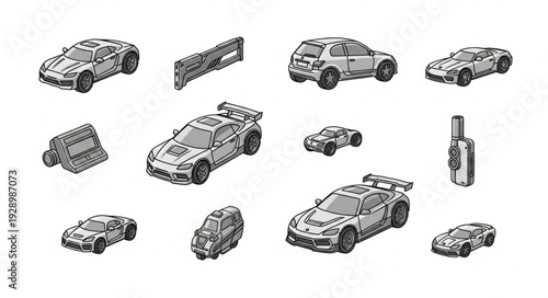 Collection of various detailed car models in a monochrome illustration.