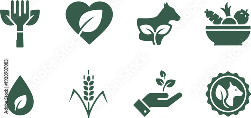 Set of eight ecofriendly icons representing sustainable farming agriculture and organic living concepts isolated on transparent background