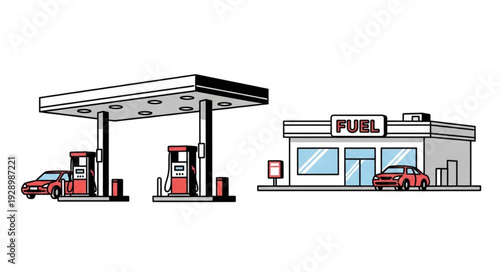Gas station scene featuring a car and a building with fuel pumps, ready for service.