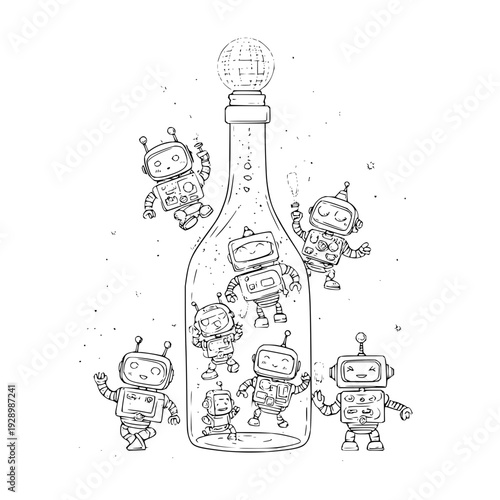 Group of cartoon robots trapped inside a glass bottle with stopper black and white illustration whimsical design