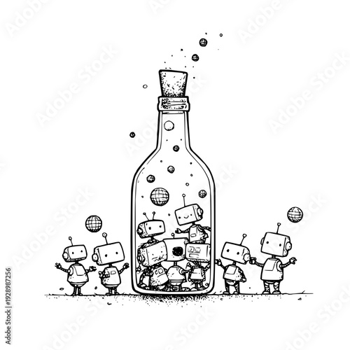 Black and white illustration of robots trapped inside a glass bottle with cork stopper surrounded by small robots outside