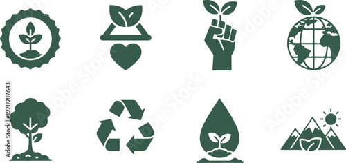 Set of nine eco friendly icons depicting environmental conservation and sustainability concepts isolated on transparent background