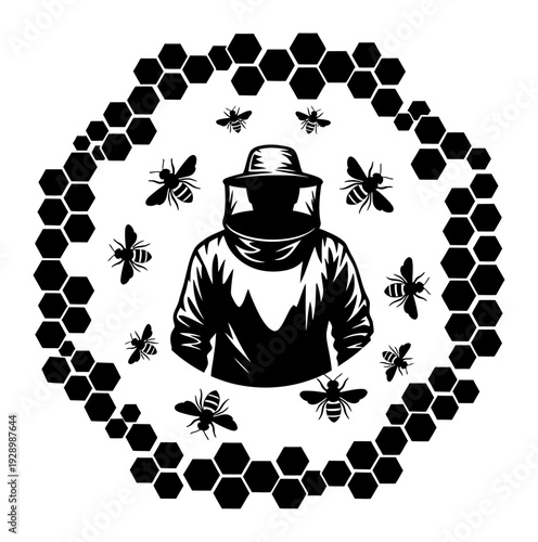 Beekeeper Silhouette with Honeycomb Mandala