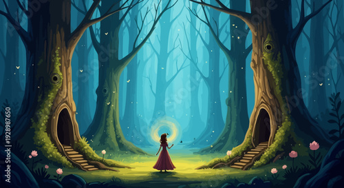 Mysterious Woman in Red Dress Forest.