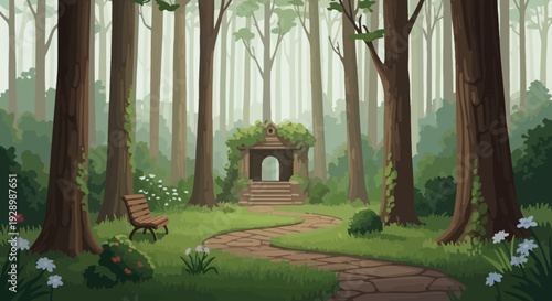 Mystical Forest Glade with Ancient Treehouse.