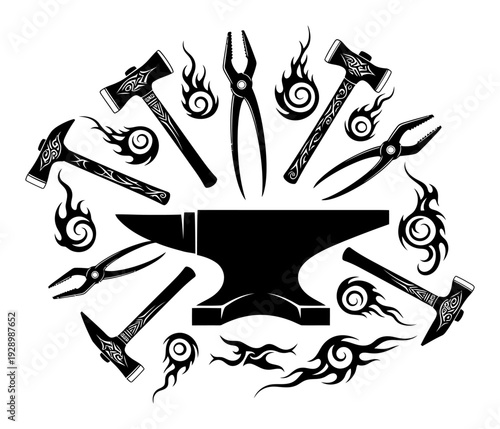 Blacksmith Tools - Anvil & Hammers Vector Illustration