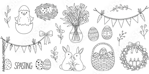 Easter celebration illustration, black white drawing, chick hatching, decorated eggs, rabbits basket, floral wreath candles, festive motif, decorative artwork, flat vector design