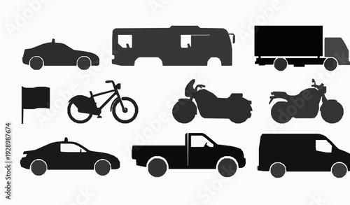 Bold Vehicle Silhouette Icon Set Vector Collection Car, Truck, Bus, Motorcycle Illustration