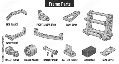 Detailed illustration of various frame parts used in mechanical engineering and robotics.