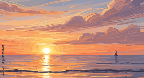 Sailboat on calm ocean at sunset.