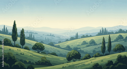Serene Rolling Hills with Trees Landscape.