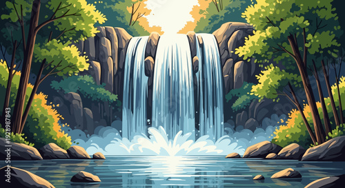 Serene Waterfall Cascading into Tranquil Pool.