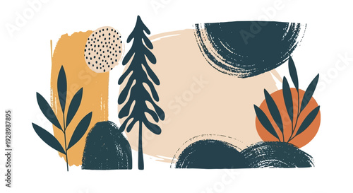 Stylized Tree Silhouette with Leaves and Branches.