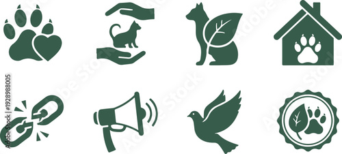 Set of nine minimalist animal care and nature conservation icons featuring paw prints house pet symbols and eco elements