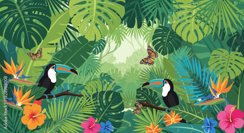 Toucans perched on branch surrounded by tropical foliage.