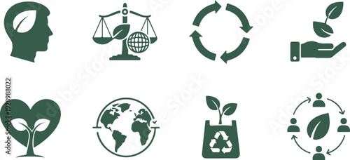 Set of nine eco friendly sustainability and global responsibility icons with transparent background for presentations and educational materials