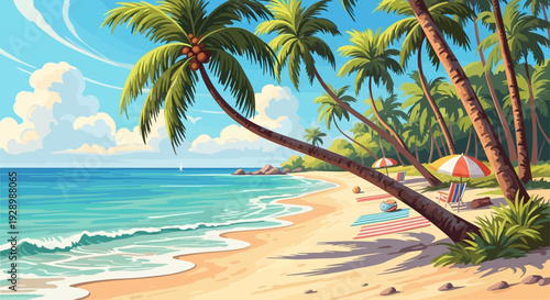 Tropical Beach Scene with Palm Trees.