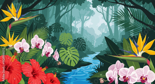 Tropical Flowers and Foliage in Jungle Scene.