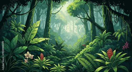 Tropical Forest with Lush Green Foliage and Flowers.