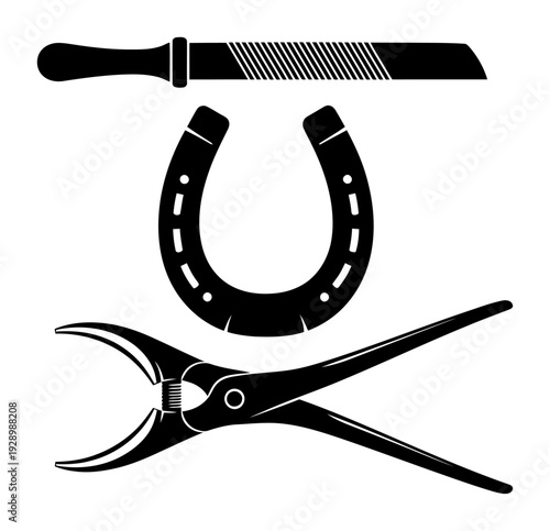 Farrier Tools Emblem - Horseshoe, Rasp, Nippers Vector
