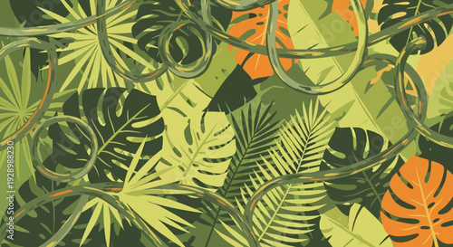 Tropical Leaves Pattern Green Orange Foliage.
