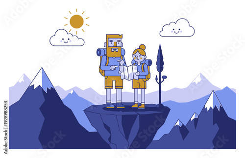 Hiking Couple with Map - Mountain View Vector Illustration