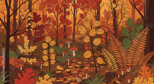 Vibrant Autumn Forest with Foliage and Mushrooms.