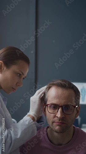 Vertical eye level shot of female dermatologist wearing gloves examining male patient scalp during dermatology consultation in clinic, professional skin examination procedure in medical office
