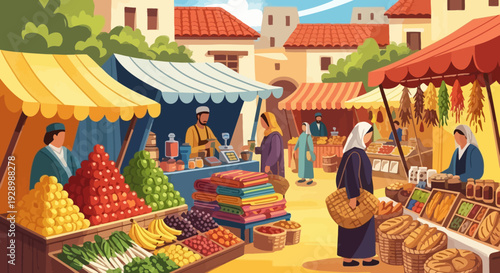Vibrant Outdoor Market Scene with Fresh Produce.