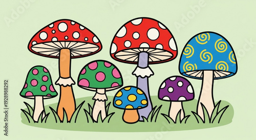 Whimsical Colorful Mushrooms Polka Dots Spirals Patterns Fantasy Forest Cute Cartoon Illustration