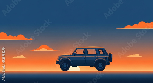 Off-Road SUV Silhouette Sunset Sky Adventure Travel Retro Minimalist Vector Illustration