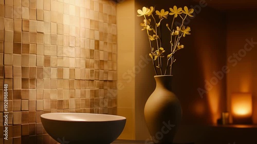 Minimalist interior design featuring a stoneware bowl and vase with dry flowers on a dark shelf, creating a serene and zen atmosphere with warm ambient lighting