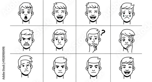 Various facial expressions of a man in black and white sketch style.