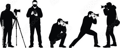 Professional Photographer Silhouette Set with DSLR Camera and Tripod, Featuring Poses for Press, Journalism, Wedding Photography, Paparazzi, and Media Production,