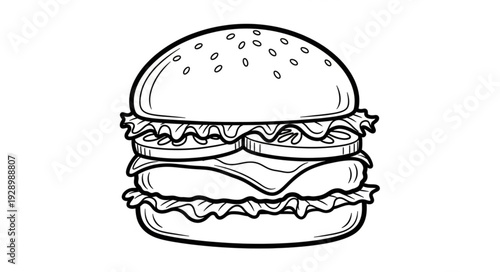 Delicious Hand Drawn Burger Illustration Line Art.