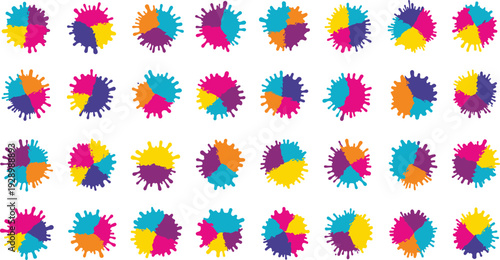 Vibrant multicolored paint splatter collection on white