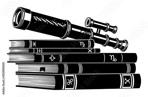 Antique Telescope & Astrology Books - Silhouette Vector