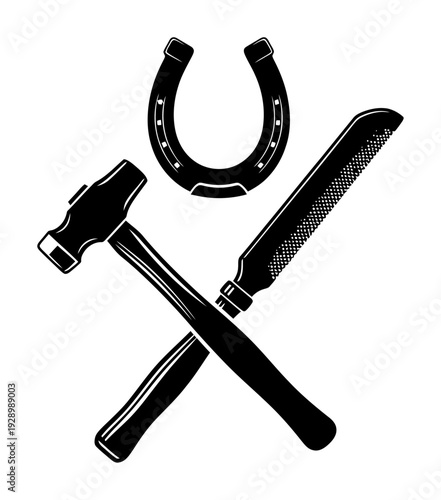 Farrier Tools Crest - Horseshoe, Rasp & Hammer Silhouette