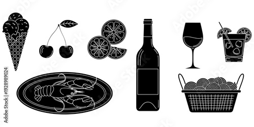 Food drink illustration, black white drawing, ice cream cone, cherries citrus, lobster plate, wine bottle glass, cocktail pasta basket, culinary motif, flat vector artwork