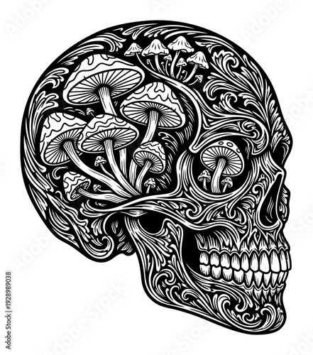 Skull & Fungi - Minimalist Vector Illustration