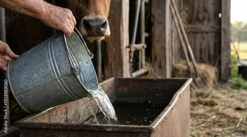 Hand pours water into trough for cow on farm during early morning hours