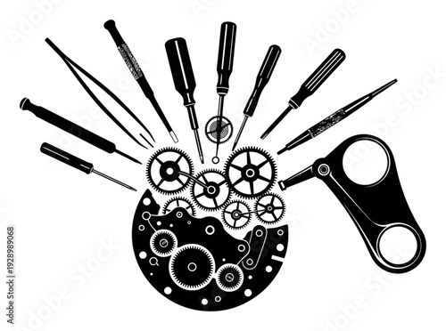 Slika na platnu Watchmaker Tools & Clock Gears - Black & White Vector