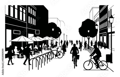 Car-Free City Center Vector - Cafes & Bikes