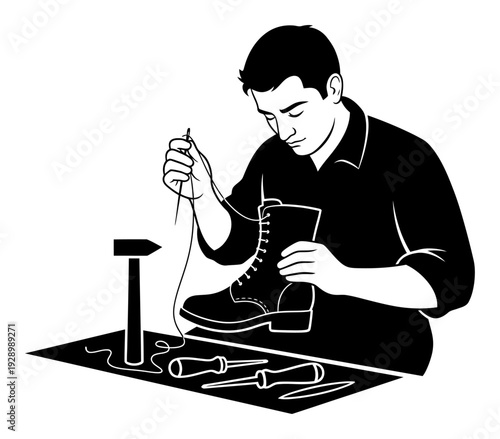 Cobbler at Work - Minimalist Vector Illustration